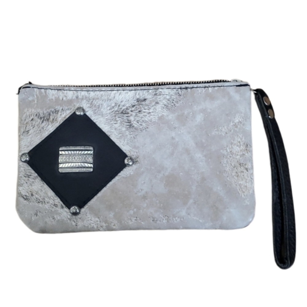 Cream and Black Cowhide and Leather Clutch Purse with Silver Accents